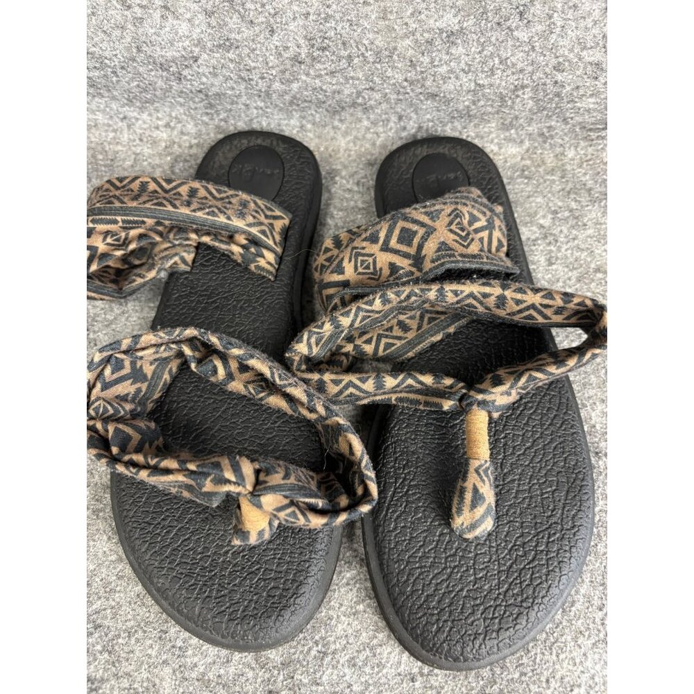 Sanuk Yoga Sling Sandals Womens Size 8 Black Aztec Print Flip Flop Shoes Comfort